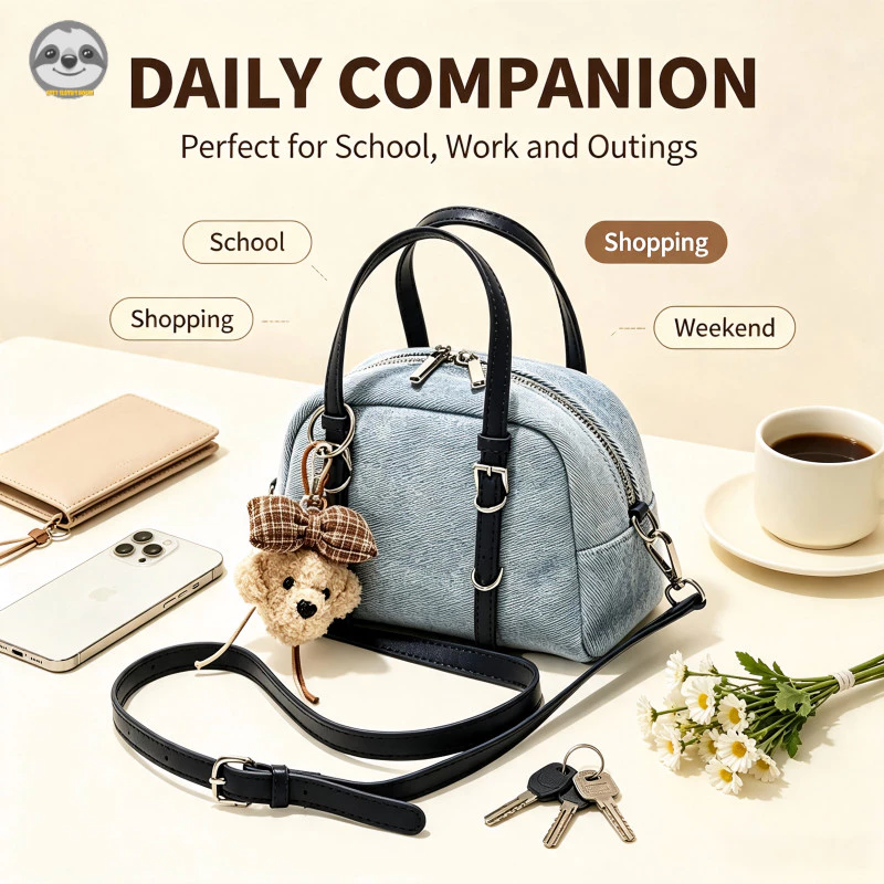 Túi đeo vai di động Denim dành cho nữ / Túi đeo vai mặt dây chuyền gấu sang trọng dễ thương / Túi đeo vai thời trang tinh tế nhỏ