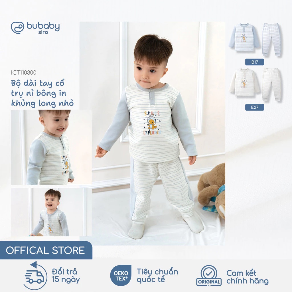 Bộ quần áo dài tay nỉ bông in khủng long nhỏ BU Baby, bộ dài tay mềm mịn ấm áp cho bé | ICT110300