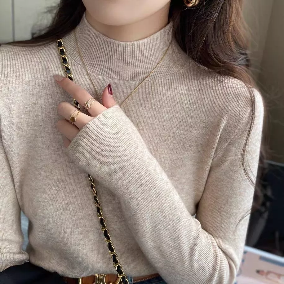 Áo len cổ lửng nữ dáng ôm thon gọn mặc lót mùa thu đông kiểu mới đơn sắc thời trang tay dài đa năng
