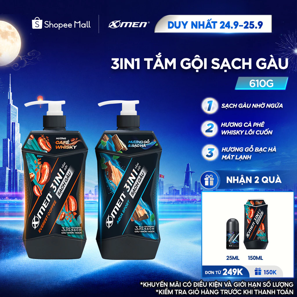 [MỚI] Tắm Gội Sạch Gàu 3in1 Xmen Everest Coffee & Aquaport 610g, Tác Động 3X Sạch Gàu Nhờn Ngứa,Mùi Hương Nam Tính S