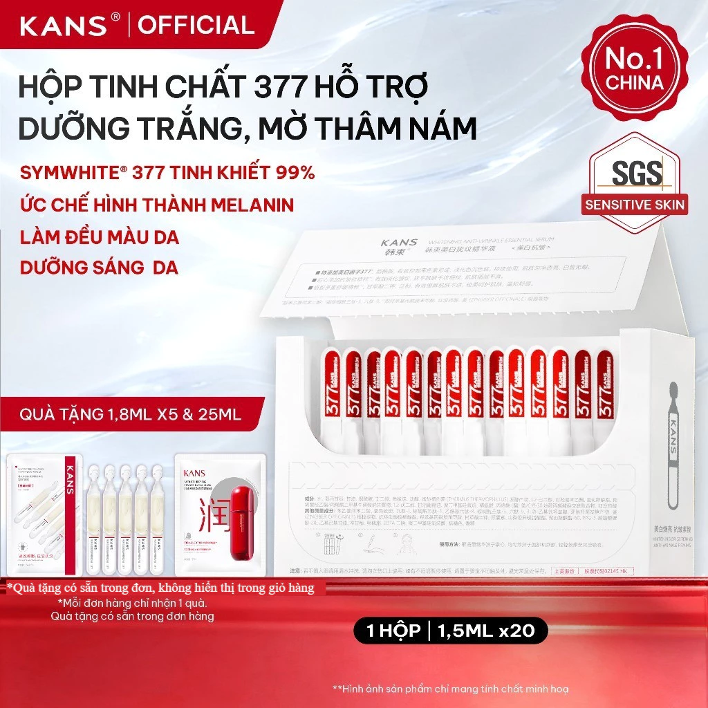 [MỚI] KANS - Hộp Tinh Chất 377 Dưỡng Trắng Da, Giảm Thâm Sạm, Cải Thiện Sắc Tố Da với Symwhite 377, B5 1.5ml x 20 ống
