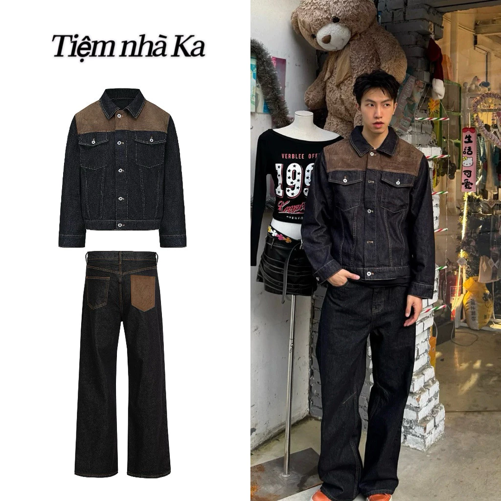 [HÀNG QC] Sét Jeans Áo Jean Quần Jean Vải 13oz Thiết Kế Vai Phối Da Lộn Phân Áo Fomr Thường -Quần Ống Loe
