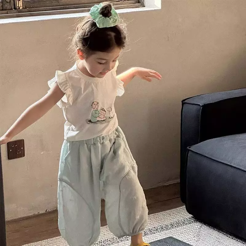 Bộ Đồ Cho Bé Nữ Mùa Hè Phong Cách Mới Trẻ Em Dễ Thương Ren Hoạt Hình Áo Vest Dài Đến Mắt Cá Chân Quần Chống Muỗi Bộ Đồ Hai Mảnh