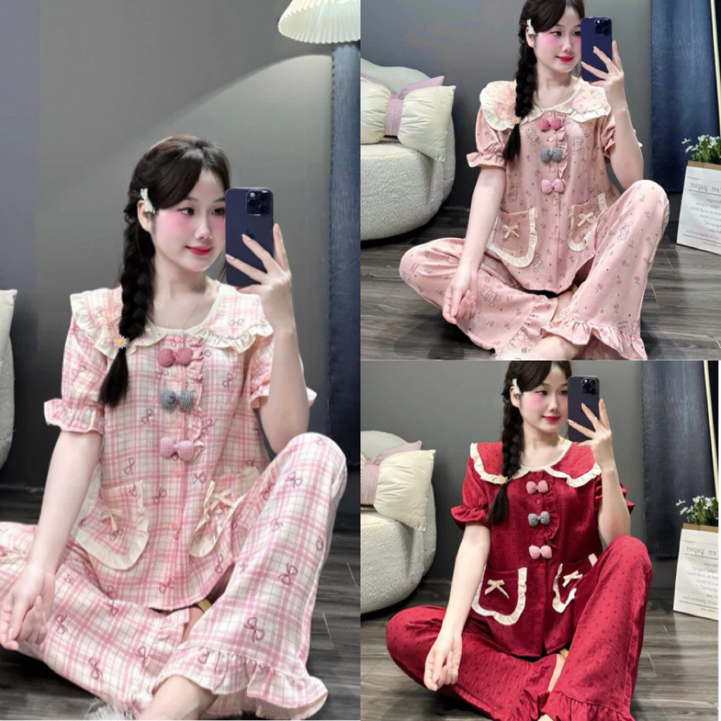 Set Bộ Ngủ Pijama Đũi, Set Bộ Đũi 3 Nơ Cộc Dài