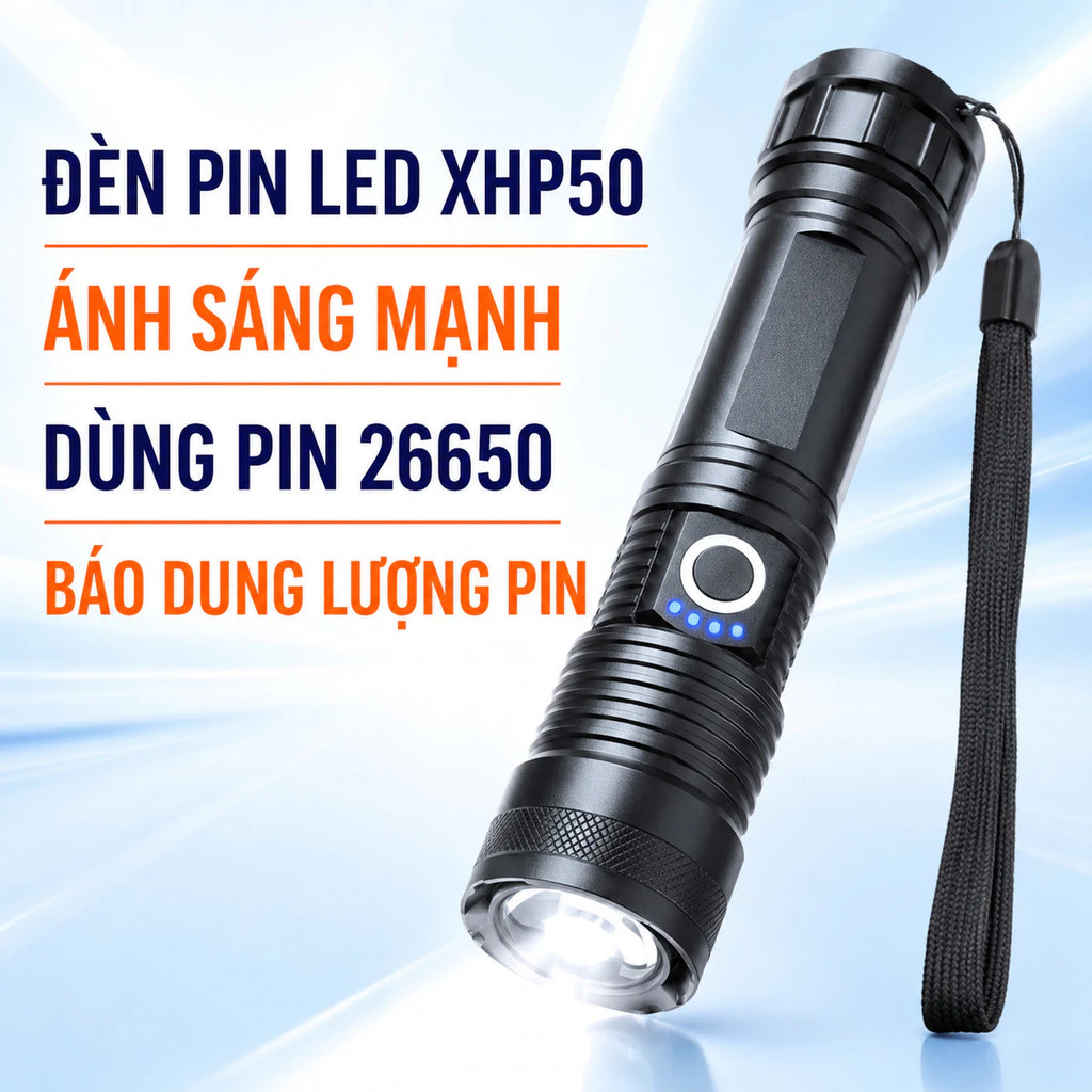 Đèn Pin LED XHP50 20W Kèm 1 Hoặc 2 Pin 26650 5000mAh, Zoom Chiếu Xa, 5 Chế Độ