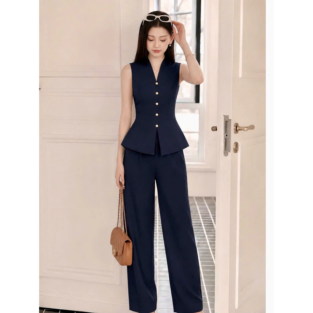 Set Bộ Gile Nữ Thanh Lịch Áo Sát Nách Cổ V Quần Ống Suông GILE DAI 02