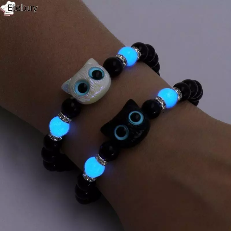 [Ele-T] Vòng tay dạ quang cho mèo mắt to dễ thương dành cho nữ Mặt dây chuyền động vật hoạt hình Đính cườm tay Dây chuyền tình bạn Vòng tay cặp đôi Quà tặng trang sức