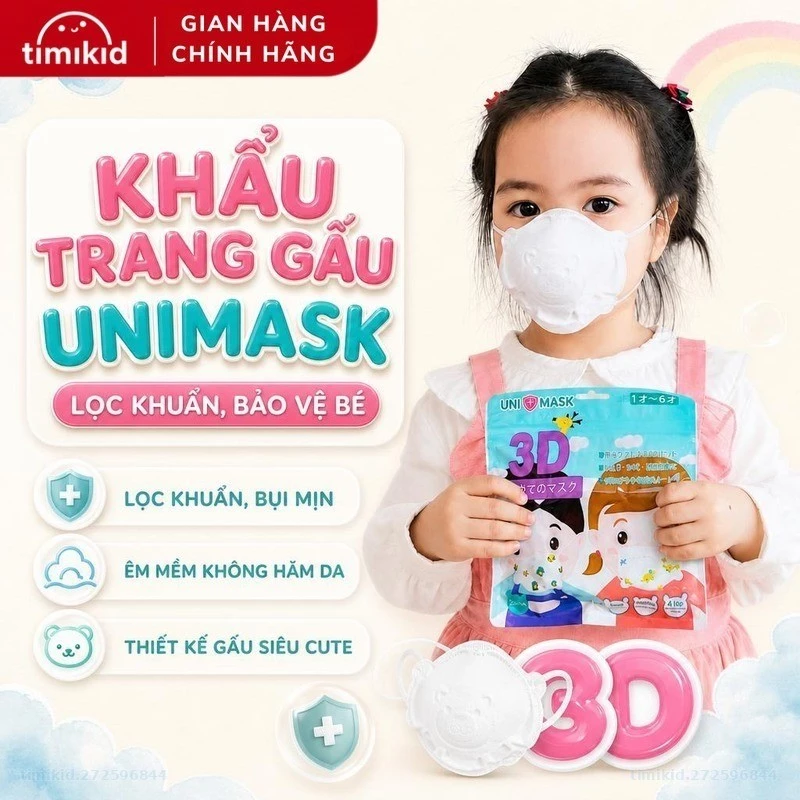 Set 3 Khẩu Trang Gấu Unimask Kháng Khuẩn Cho Bé Từ 1 - 5 Tuổi Có Thể Điều Chỉnh Quai Đeo