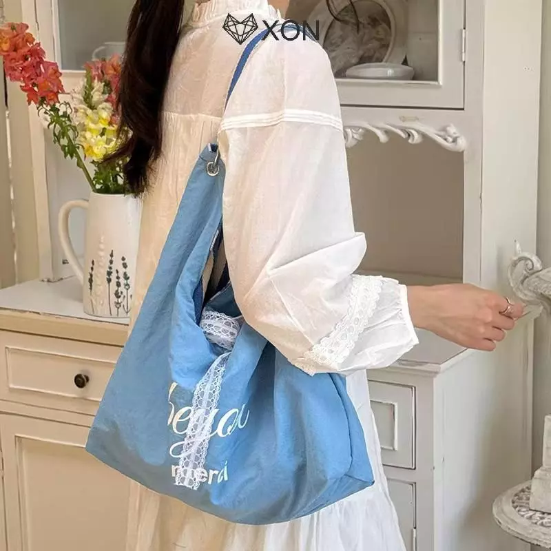 [XON] Túi đeo vai nữ hai mặt sọc màu trơn Túi xách nơ ren nhẹ cho mọi mùa sử dụng hàng ngày [Mina]