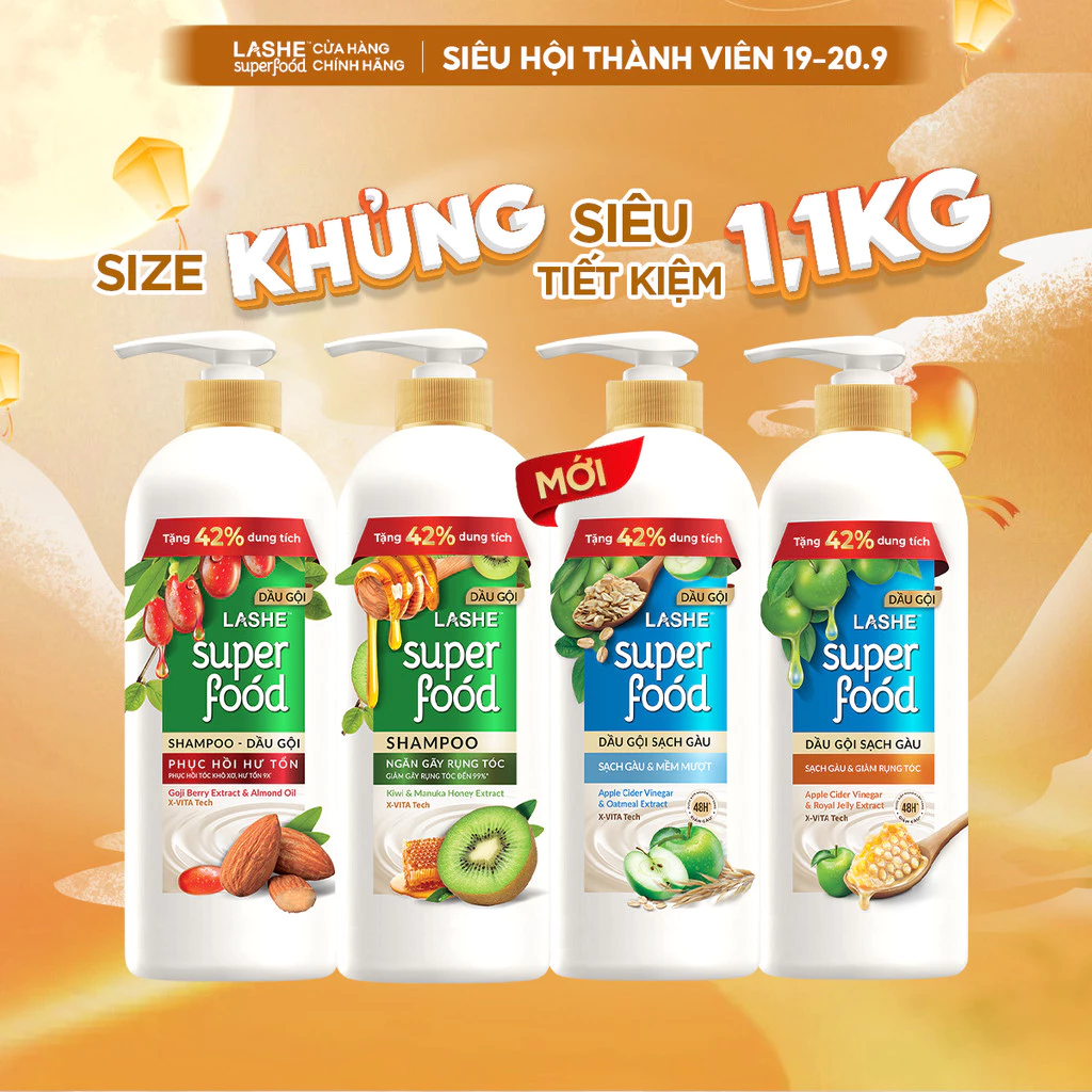 [TẶNG 42% DUNG TÍCH] Dầu Gội LASHE SUPERFOOD Ngăn Rụng Tóc/Phục Hồi Hư Tổn/Sạch Gàu Giảm Rụng/Sạch Gàu Mềm Mượt 1.1KG