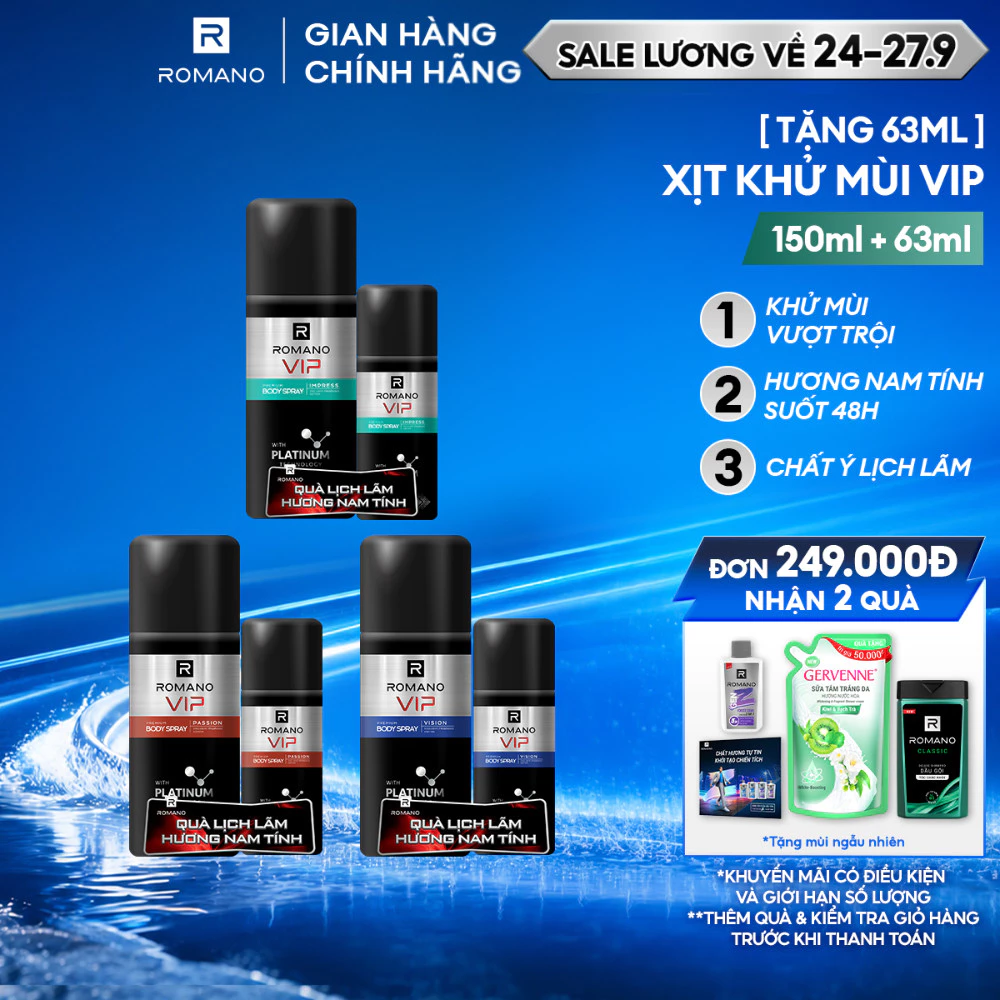 [TẶNG Xịt khử mùi 63ML] Xịt khử mùi cho nam cao cấp VIP Romano 150ml (Tặng mùi ngẫu nhiên)