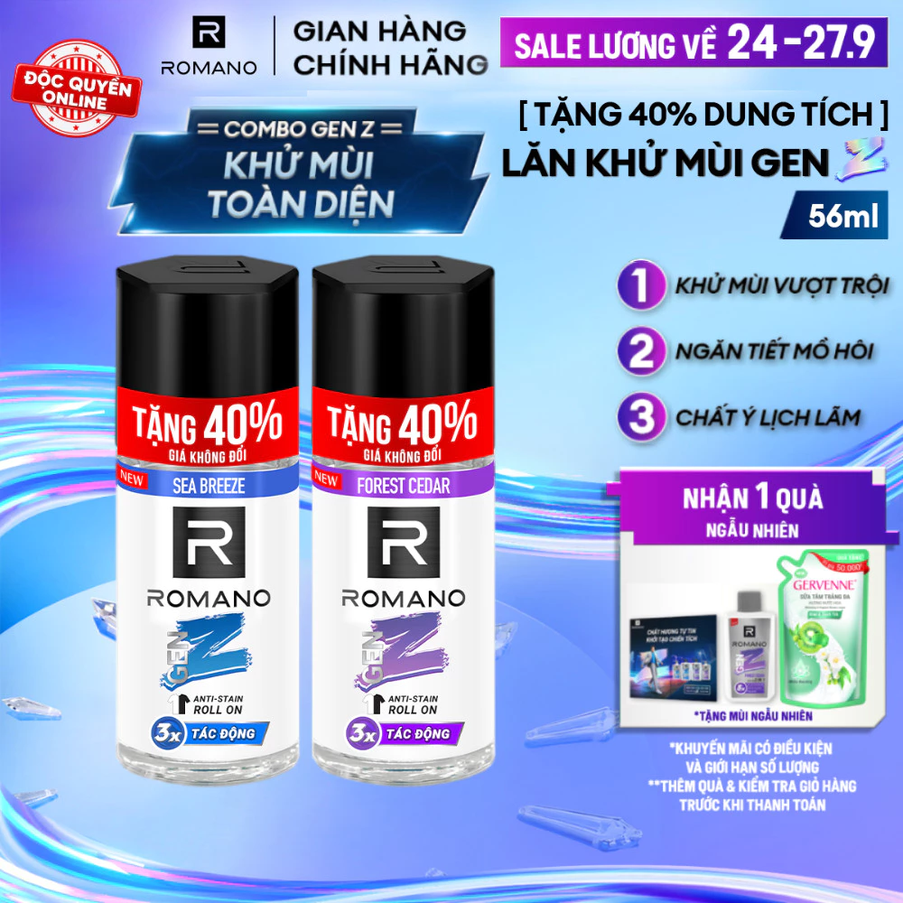 [TẶNG 40% DUNG TÍCH] Lăn khử mùi Romano Gen Z Khử mùi vượt trội - Ngăn vệt ố vàng 56ml