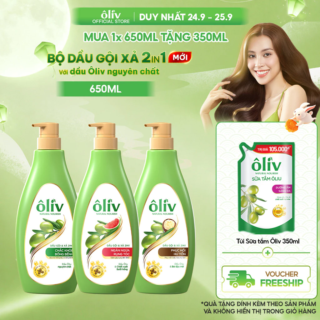 [SẢN PHẨM MỚI] Combo Dầu Gội Xả ÔLIV 2IN1 Gấp Đôi Dưỡng Chất 650ML Tặng Túi Sữa Tắm Sáng Da 350ML
