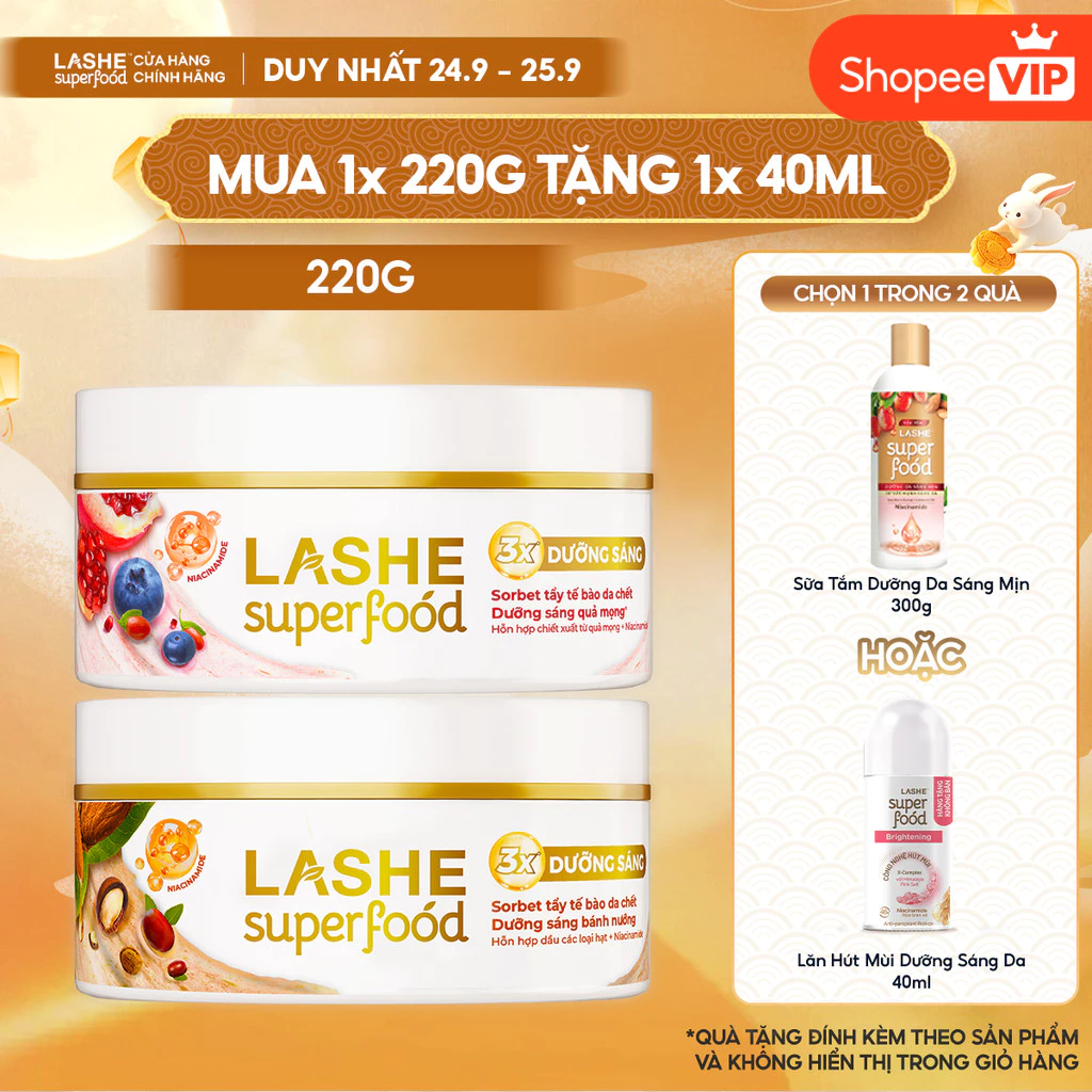 [SVIP] Kem Tuyết Tẩy Tế Bào Chết LASHE SUPERFOOD Dưỡng Sáng Da Hương Quả Mọng/Bánh Nướng 220G Tặng Sữa Tắm 300G/Lăn 40ML