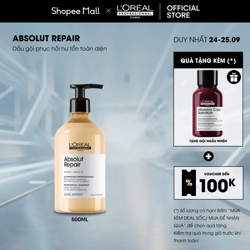Dầu gội dưỡng tóc mềm mượt & phục hồi hư tổn toàn diện chuyên nghiệp Absolut Repair Gold 500ml - Dành cho tóc khô xơ, hư