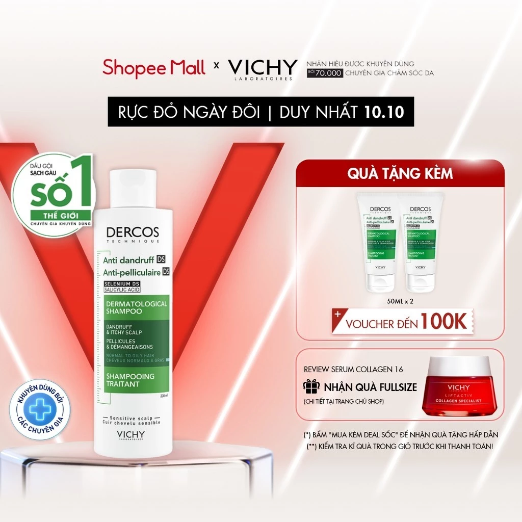 Dầu gội sạch gàu 100% chỉ sau một lần gội, giúp sạch gàu dành cho da đầu dầu & ngứa Vichy Dercos Anti Dandruff 200ml