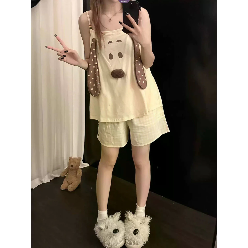 [Pre-Order]-Bộ đồ ngủ chăn bông hoạt hình dễ thương mùa hè dành cho nữ: Quần short ca rô màu kem ngọt ngào có đệm ngực