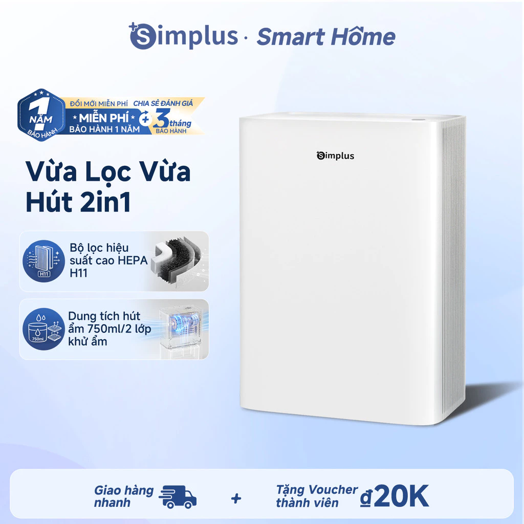 Simplus Máy hút ẩm lọc không khí 2 in1, gia dụng, bình chứa nước 1.5L độ ồn thấp tới 45dB 750ML/D CUSH005