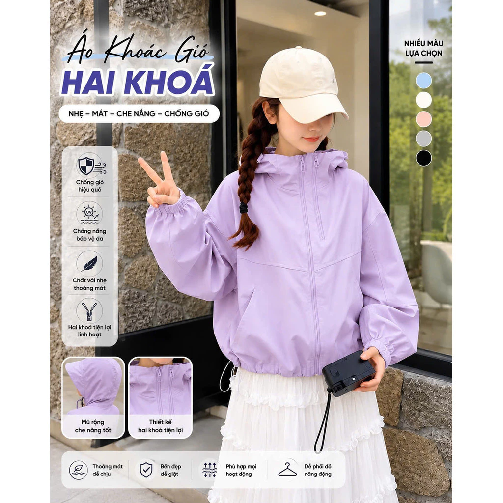 [Hàng Loại 1- Gió Hai Khóa] Áo khoác gió nữ 2 lớp vải gió nhăn chống nắng, chống nước nhẹ, cản tia UV chống gió hot 2026