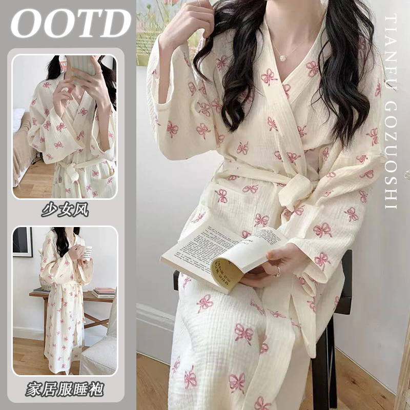 Áo choàng dài tay nơ Cotton rộng rãi Đồ ngủ ngọt ngào dành cho nữ