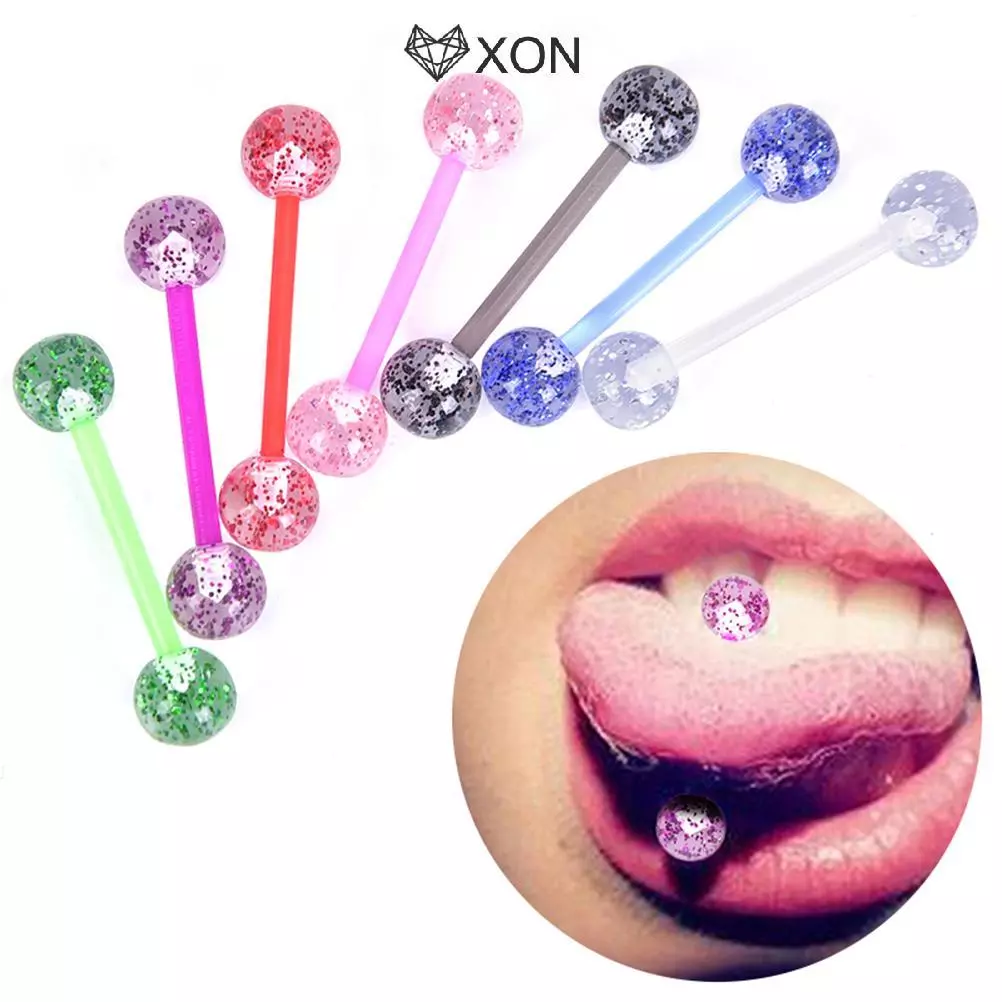 [XON] 8 Cái / bộ Đầy Màu Sắc Lấp Lánh Acrylic Barbell Ball Lưỡi Nhẫn Trang Sức Xuyên [Mina]