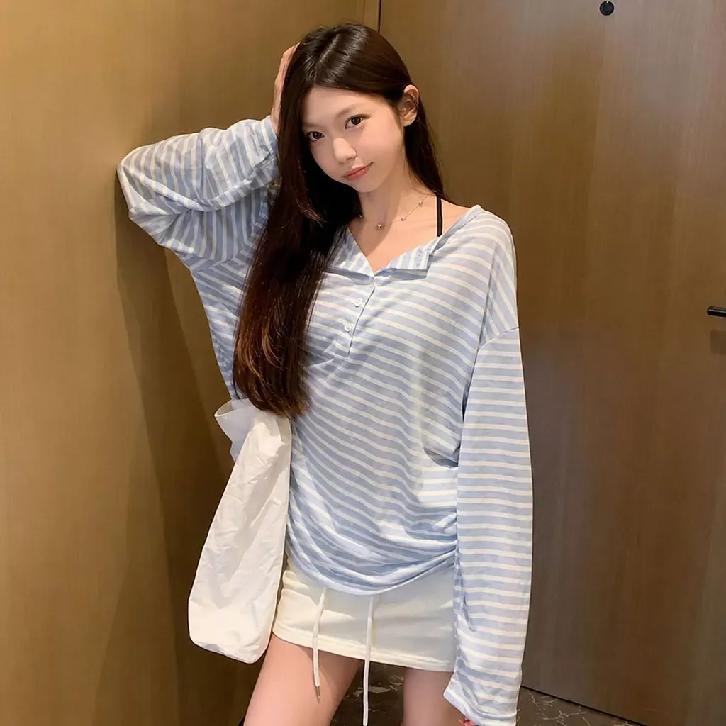 Áo Thun Nữ Dài Tay Cổ Trụ Kẻ Sọc Hot Trend, Áo Phông Cotton Giấy Form Rộng Co Giãn Thoáng Mát Style Hàn Quốc