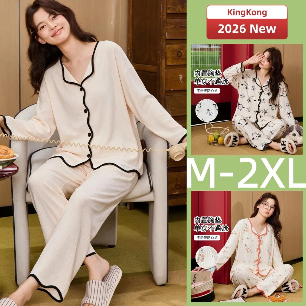 Bộ Đồ Ngủ Có Đệm Bộ Đồ Ngủ Nữ Bộ Thu Đông Tay Dài Đồ Ngủ Người Phụ Nữ Nhăn Vải Cotton Dễ Thương Trơn Mặc Nhà