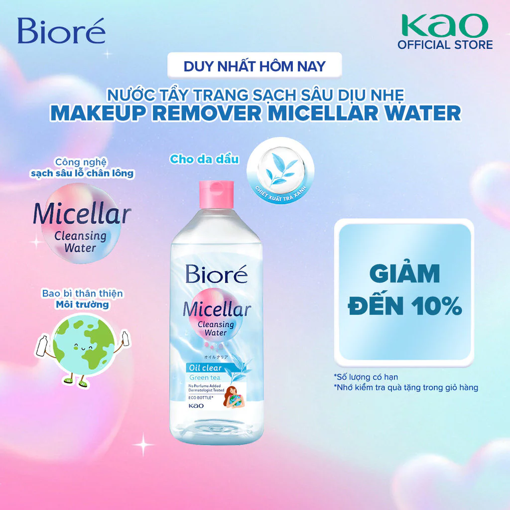 Biore Makeup Remover Micellar Cleansing Water Nước Tẩy Trang Sạch Sâu Dịu Nhẹ - Sạch Nhờn 400ml