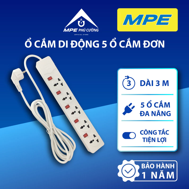 (CHÍNH HÃNG) MPE - Ổ cắm di động 5 ổ cắm đơn đa năng dài 3m công tắc riêng màng an toàn Chính hãng MPE Phú Cường