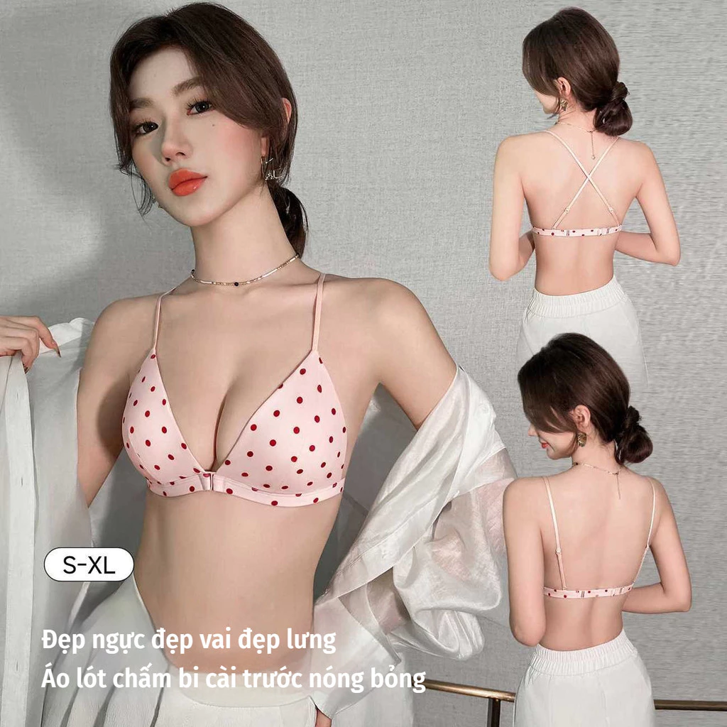 Áo Ngực Nữ Chấm Bi Khóa Trước Dây Mảnh Lưng Đẹp Cổ Sâu Chữ V Gợi Cảm Tôn Ngực Nhỏ Tam Giác Phong Cách Pháp