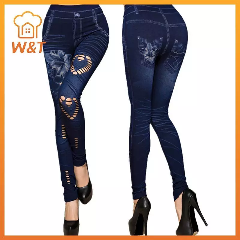 [W & T] Phụ Nữ Gợi Cảm Giả Denim Jean Slim Fit Quần Legging Quần Co Giãn Quần Legging Mới