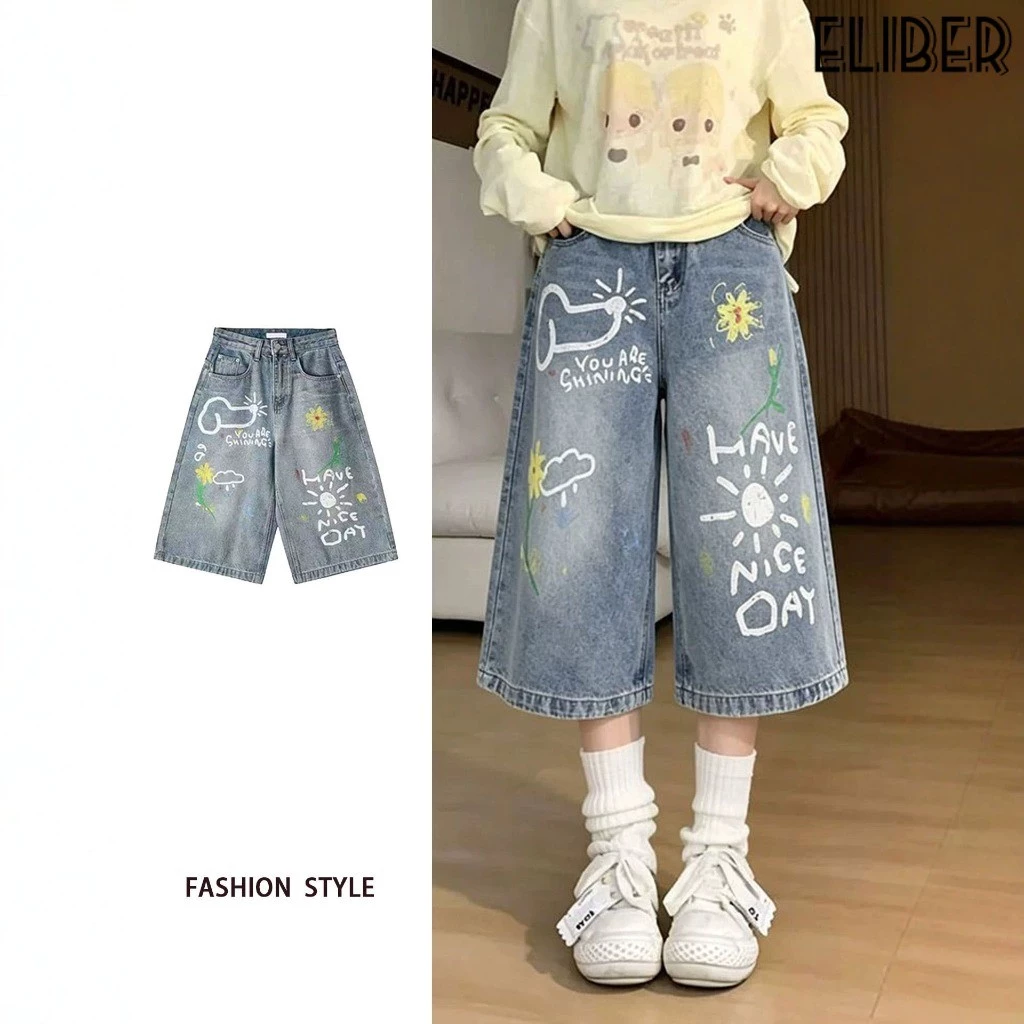 ELIBER- Quần Short Denim Cắt Xén In Hình Graffiti Quần Ống Rộng Đường Phố