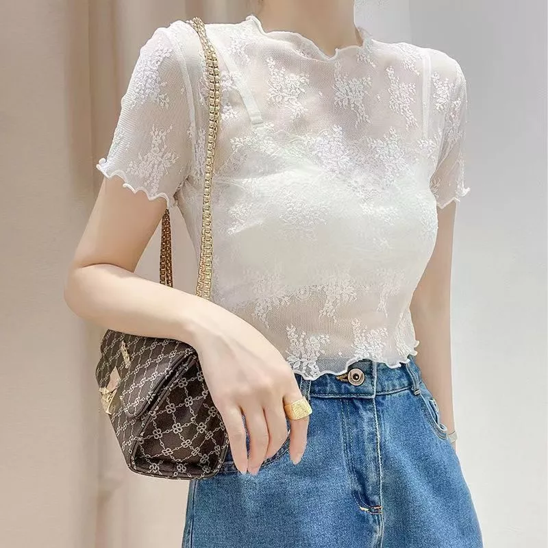 Áo lót nữ ren xuyên thấu tay ngắn cổ tim dáng ngắn viền bèo vải lưới phong cách tiên nữ mùa hè mặc trong váy dây