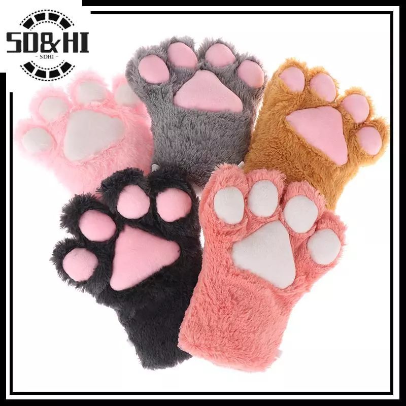 [SD & HI] Găng tay chân mèo hình gấu dễ thương Fluffy Plush Cartoon Animal Anime Lolita Cosplay Mitten (vn)
