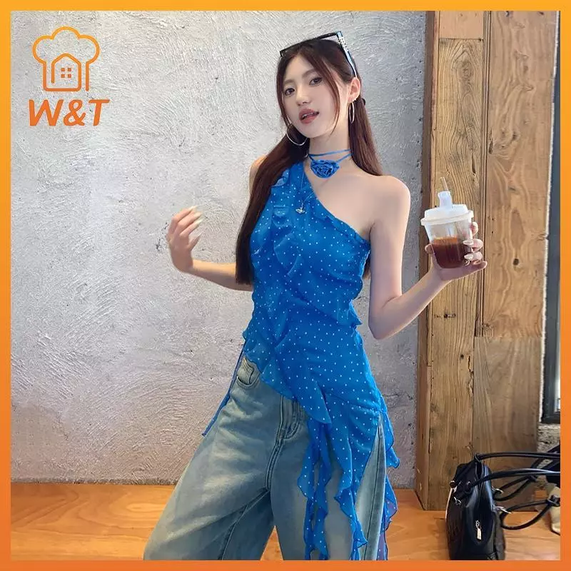 [W & T] Áo hai dây chấm bi màu xanh không đều dành cho nữ mùa hè Xù viền không tay Áo khoác ngoài thiết kế Áo thun mới