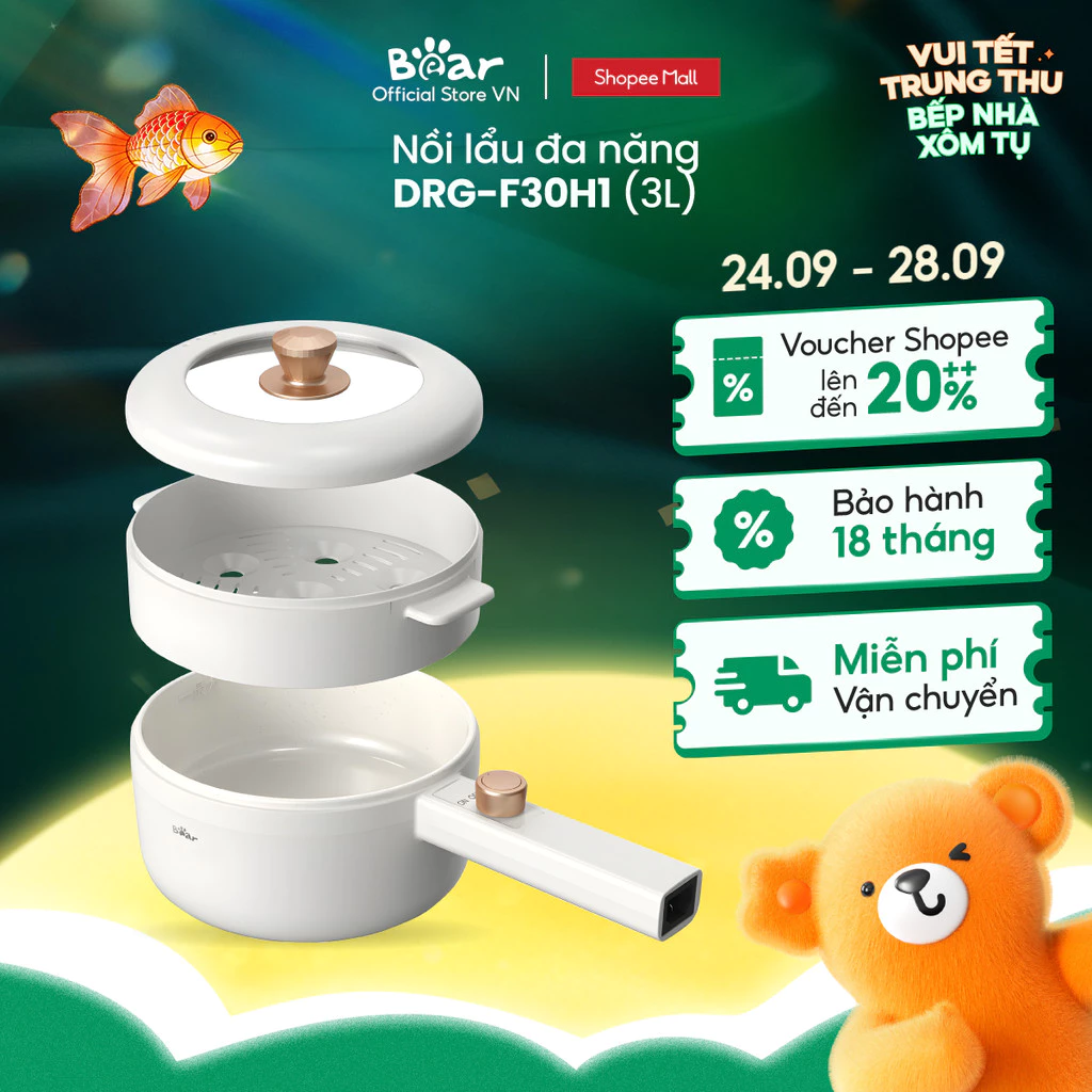 Nồi nấu điện đa năng 3L Bear DRG-F30H1/ 1.6L DRG-P16M2 (kèm xửng hấp) - Hàng Chính Hãng
