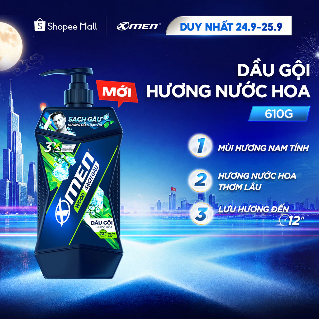 [MỚI RA MẮT] Dầu Gội Nam Xmen Wood Sạch Gàu 610g, Hương Gỗ & Bạc Hà Mát Lạnh