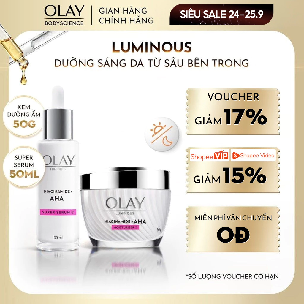 [OLAY] Combo Kem Dưỡng 50g + Siêu Tinh Chất Ngừa Lão Hóa OLAY Luminous Niacinamide Kết Hợp AHA 30ml