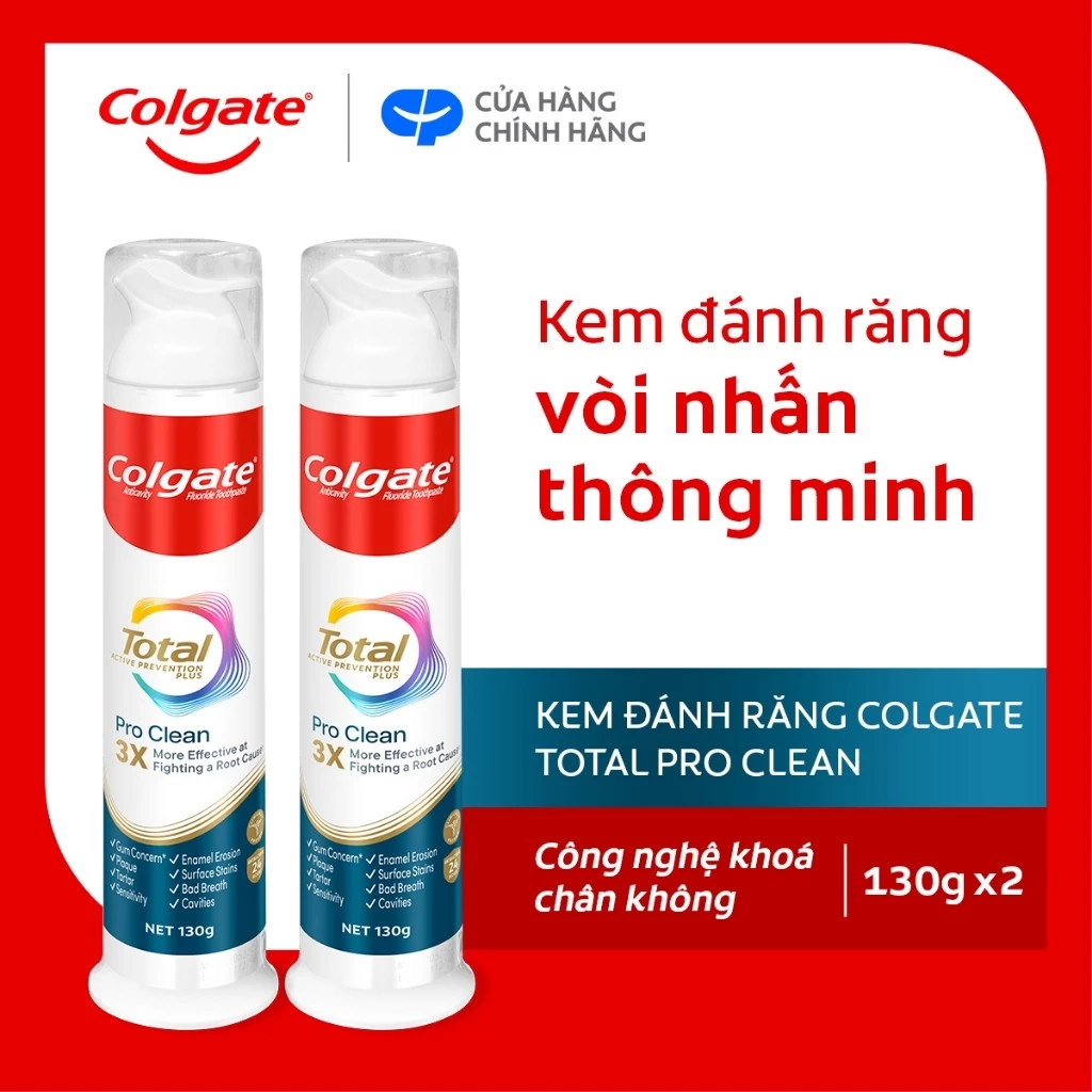 [MỚI] Bộ 2 kem đánh răng Colgate vòi nhấn thông minh Total Pro Clean, khóa chân không 130g/ống
