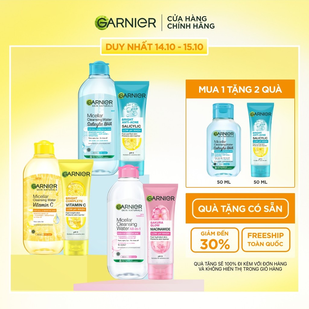 Bộ đôi Sữa rửa mặt & Nước tẩy trang sạch thoáng Garnier LowpH làm sạch sâu cho…