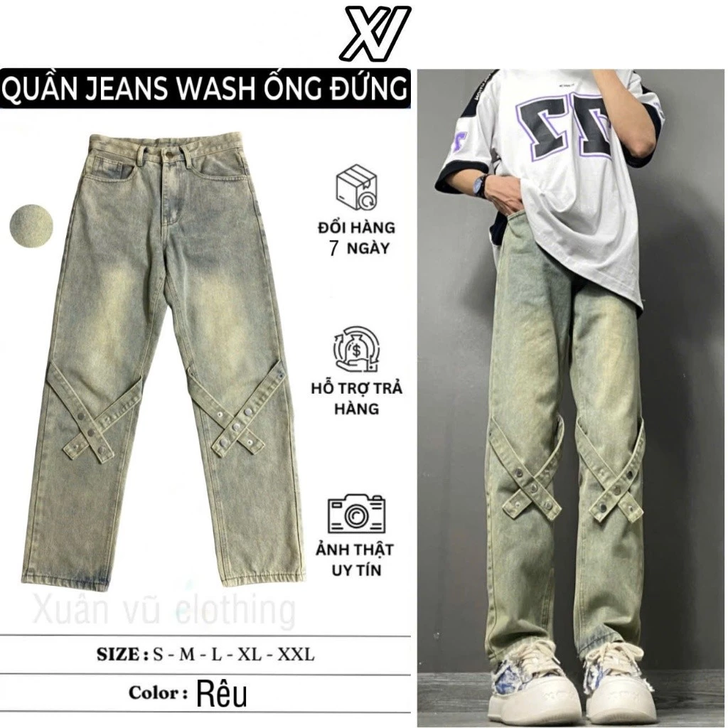 quần suông ống rộng jean màu rêu cúc bấm Menswear Nam Ong Pants Có Túi Loang Đen jean (42 )