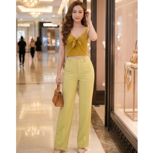 Set Bộ Nữ Áo TJ Linen Xanh Mustad Quần Tây Xanh HQ ONY