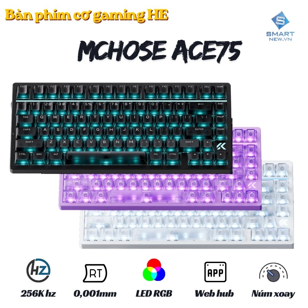 Bàn phím cơ Rapiad Trigger  HE Mchose ACE75 8K poling Rate - LED RGB - App marco - Núm xoay - RT 0,1 - Plate Fr4
