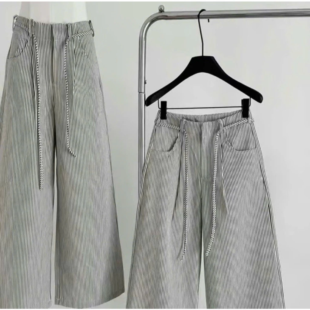 Quần Kẻ Sọc Nữ Mix Dây Eo (Chất Kaki Jean) Dày Dặn Lưng Cao Tôn Dáng Mặc Thoải Mái
