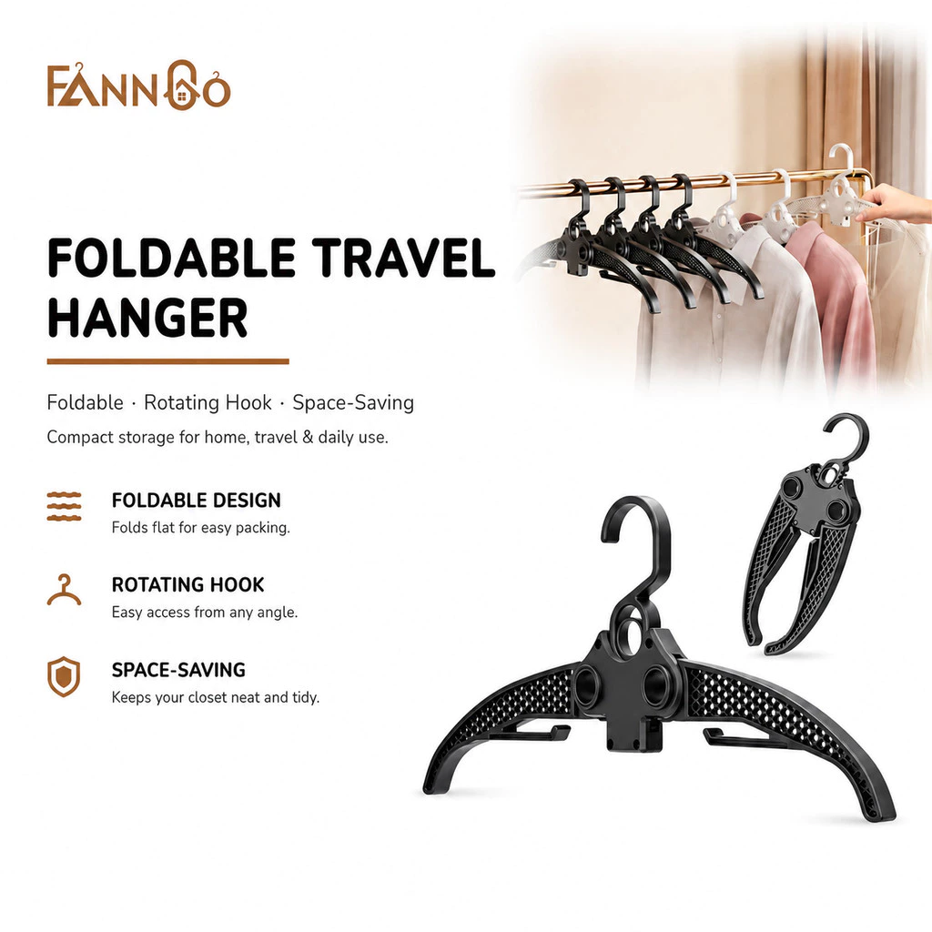 Móc treo quần áo du lịch gấp gọn FannGo, móc nhựa di động, tiết kiệm không gian, chống rơi, chịu tải mạnh, giá treo quần áo trong tủ.