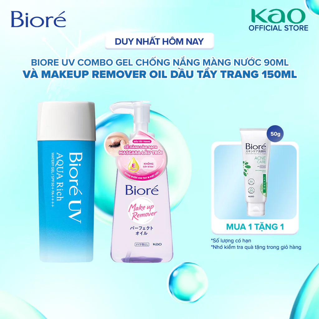 Combo Biore UV Watery Gel Chống Nắng Màng Nước 50g và Makeup Remover Oil Dầu Tẩy Trang 150ml