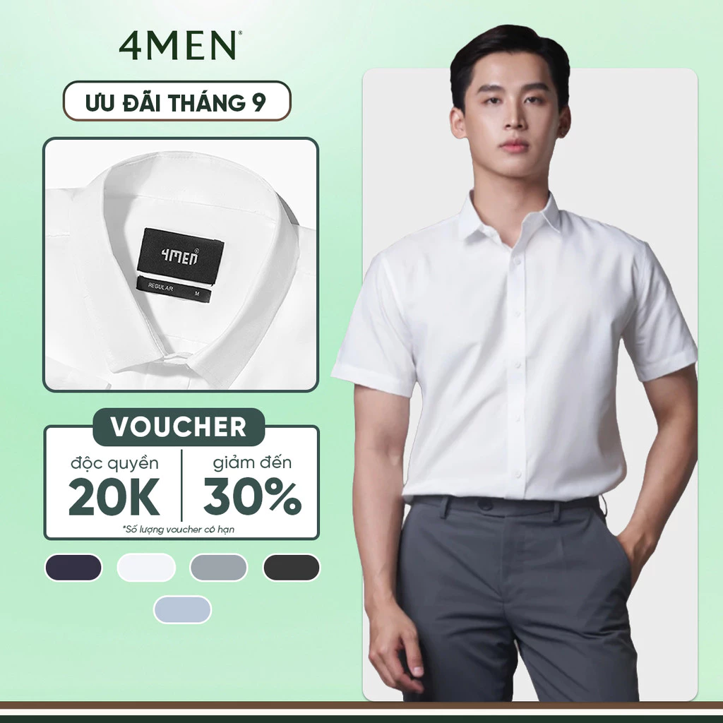 Áo sơ mi nam tay ngắn trơn đẹp 4MEN SM087 vải lụa chéo mềm mịn, hạn chế nhăn, form tailored công sở trẻ trung giá rẻ