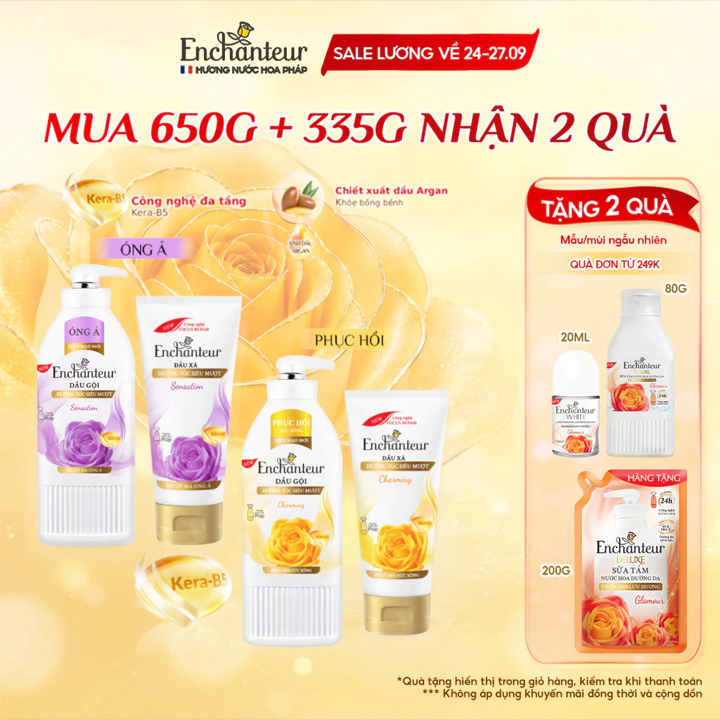 Combo Dầu gội và Dầu Xả Enchanteur Kera-B5 Charming dưỡng tóc siêu mượt và phục hồi 650g & 335g