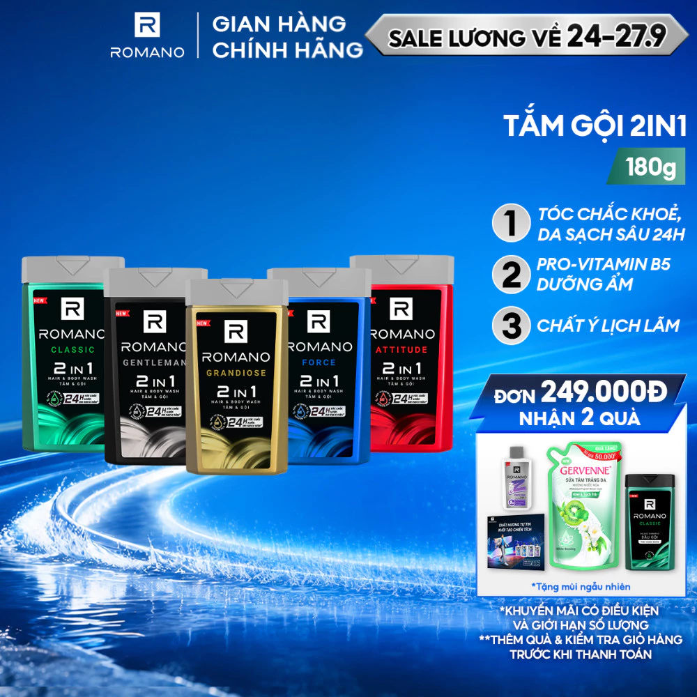 Tắm gội cho nam 2 trong 1 Romano 2in1 180g/chai