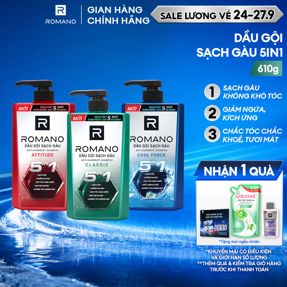 Dầu gội nam sạch gàu 5in1 Romano hương nước hoa Classic/ Force/ Attitude 610g